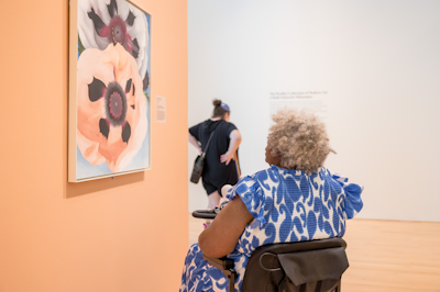 A museum visitor views an artwork in the European collection while listening to an audio guide on their phone.